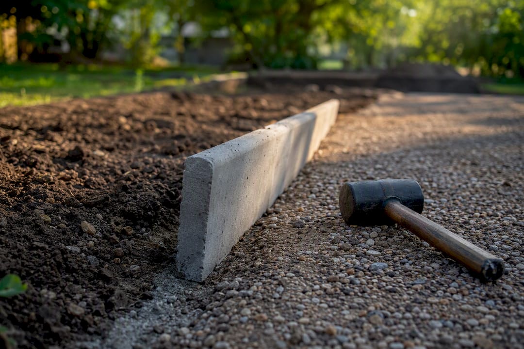 Detalje ved montering af en græskant i beton