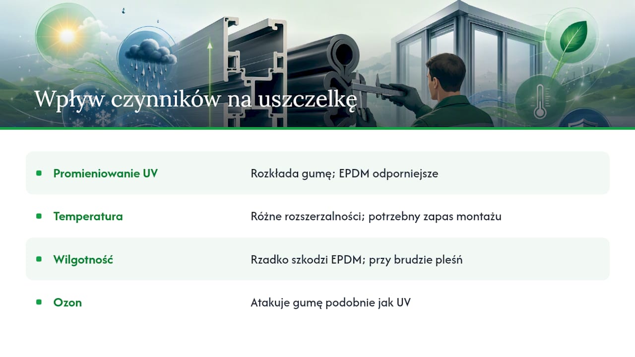Jak UV, temperatura i wilgotność wpływają na trwałość uszczelki — overview diagram