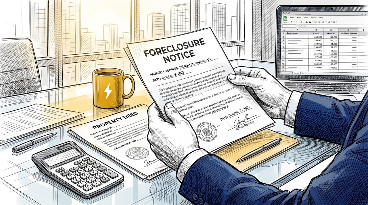 Hands holding foreclosure legal notice on office desk