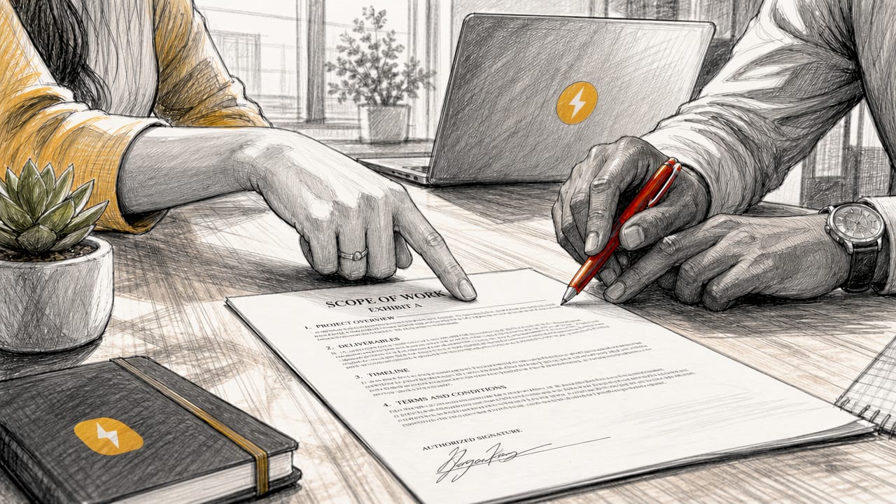 Hands reviewing scope of work document