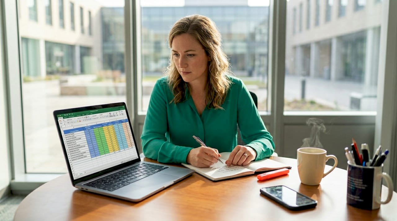 Woman tracking exam errors in spreadsheet
