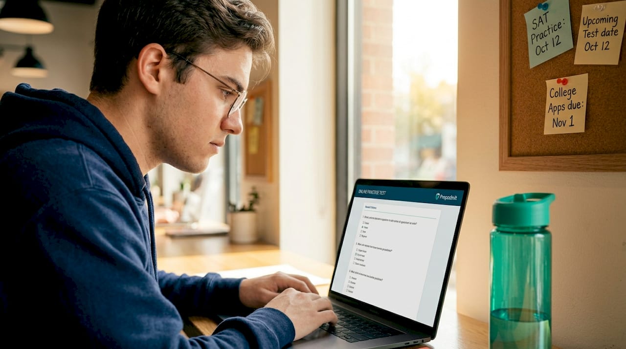 Student taking online admission test at home