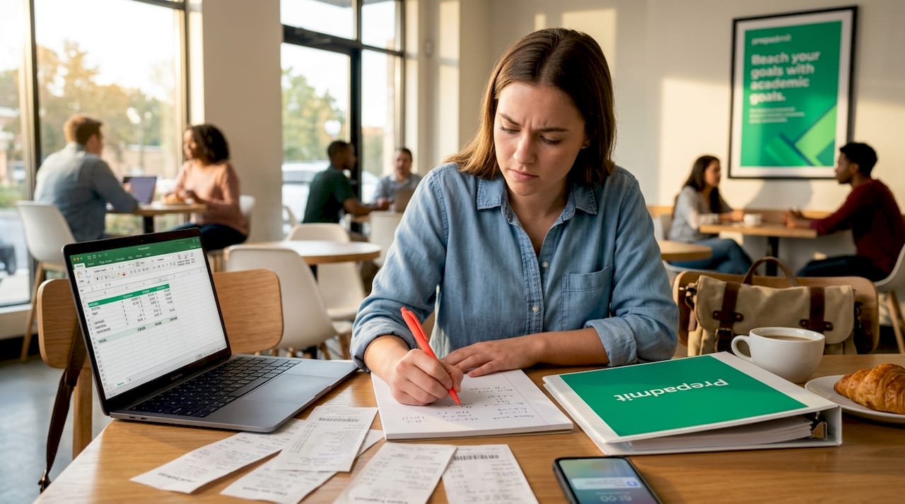 Student reviewing test costs at kitchen table