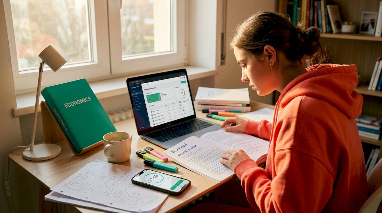 Student simulating exam conditions at home table