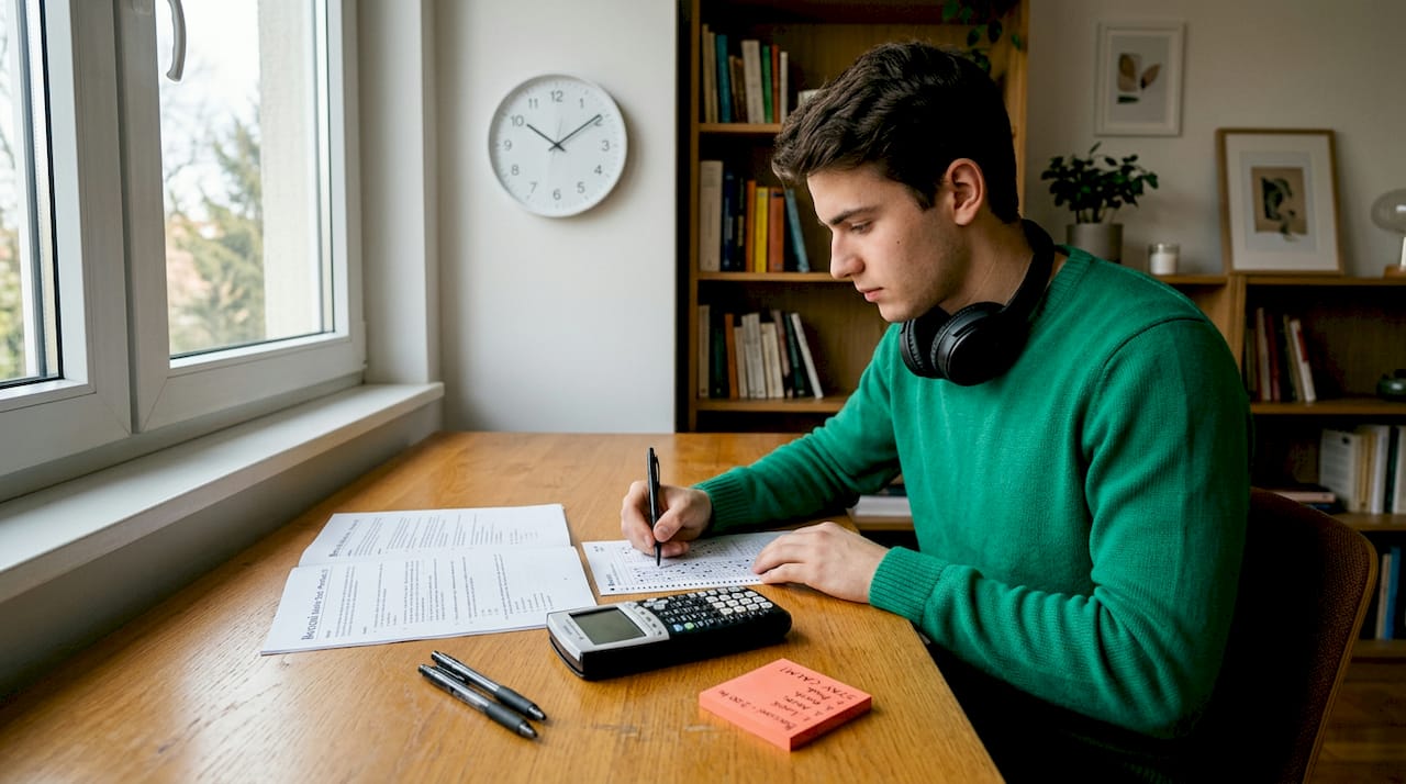 Student working through timed exam in library
