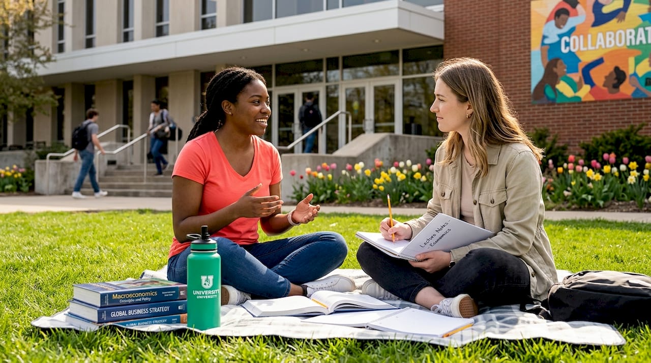 Students practicing English skills on campus bench