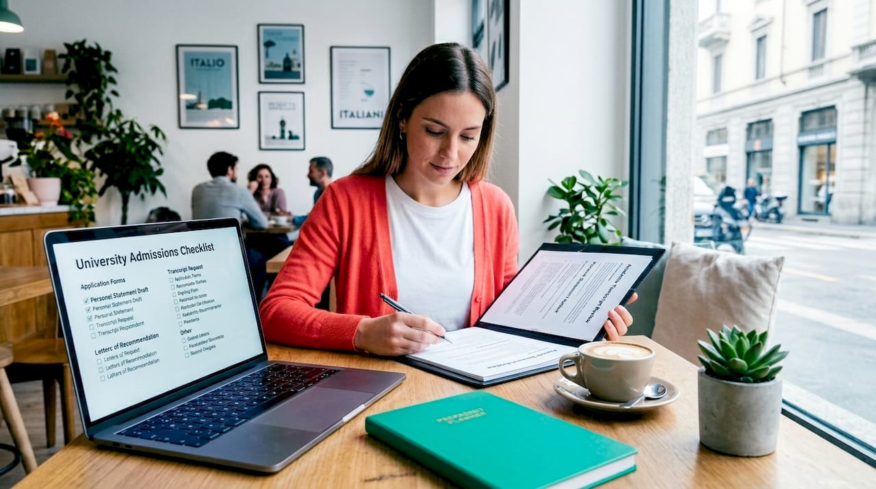 Student checks admission papers at kitchen table