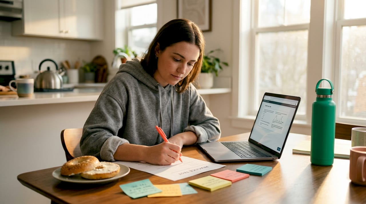 Student practicing test prep at home desk