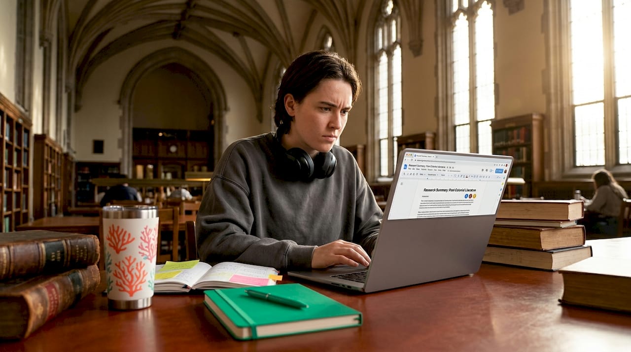 Graduate applying study skills in library setting