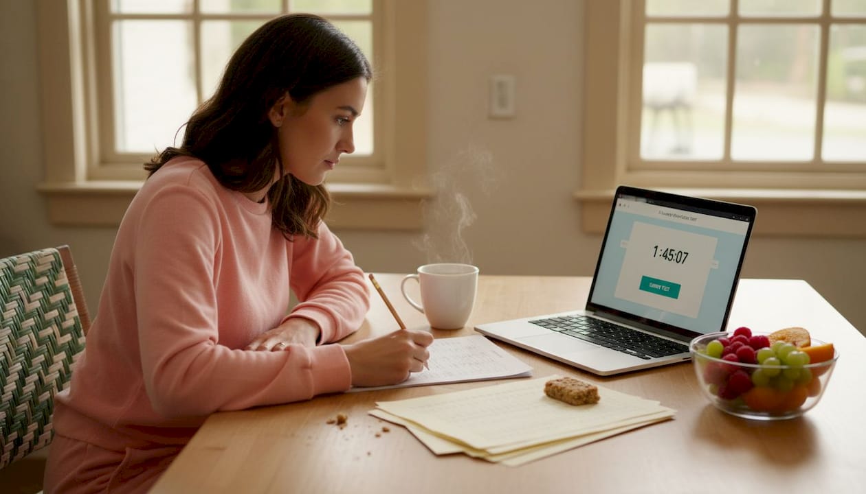 Student simulating timed Bocconi exam at kitchen table