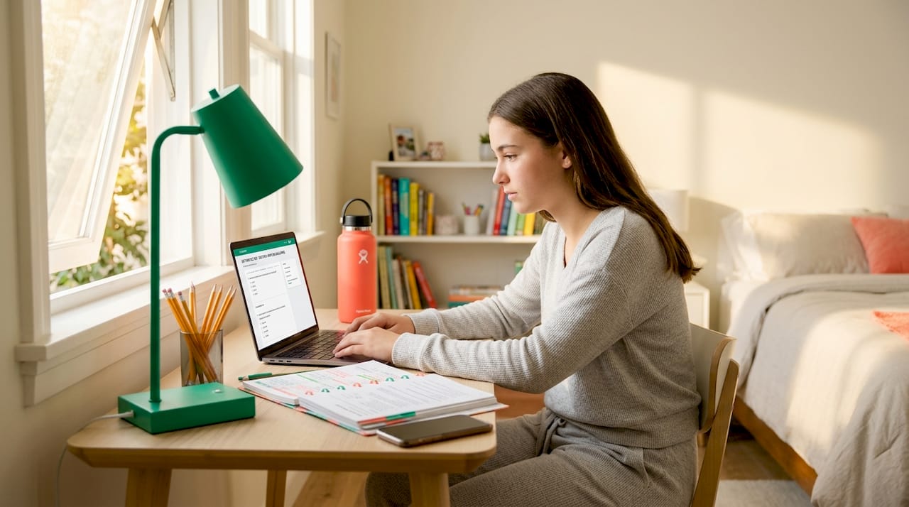 Teen girl taking practice assessment at table