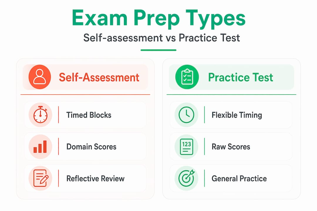 Infographic comparing self-assessment and practice tests