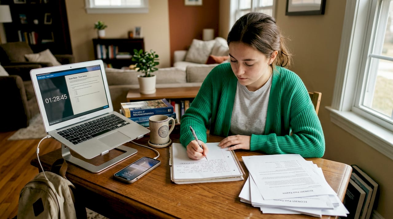 Student solving past exam in home study