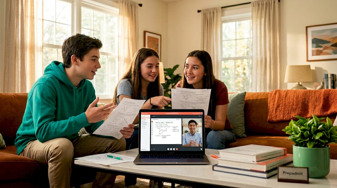 Students in group online study session