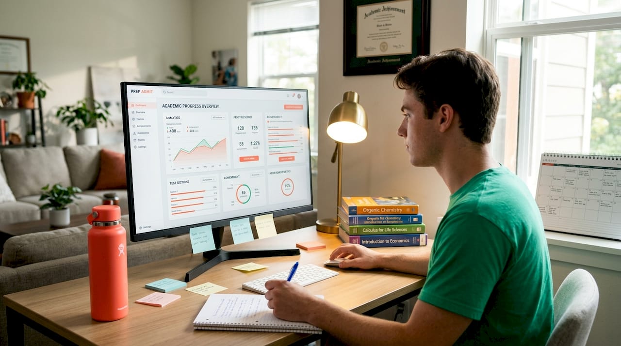 Student checking analytics dashboard in bedroom workspace