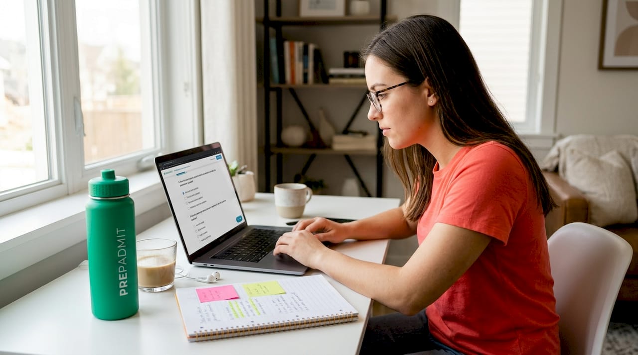 Student using exam prep platform at kitchen table