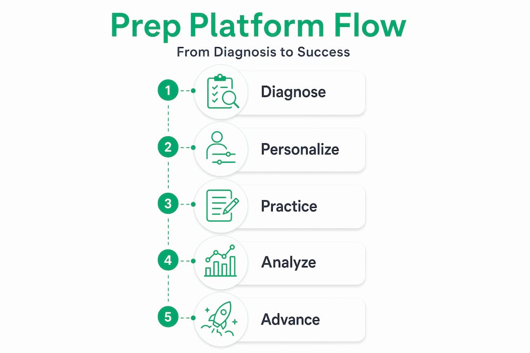 Step-by-step exam prep platform process infographic