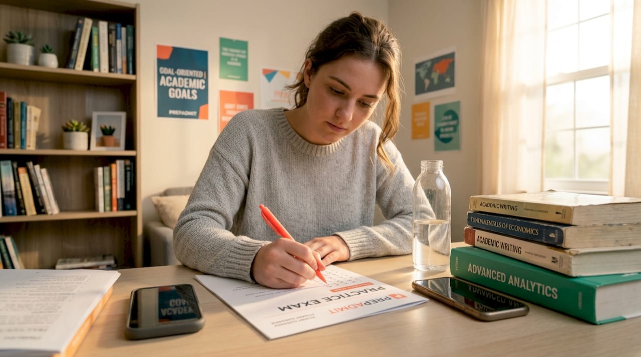 Student taking practice test in small bedroom