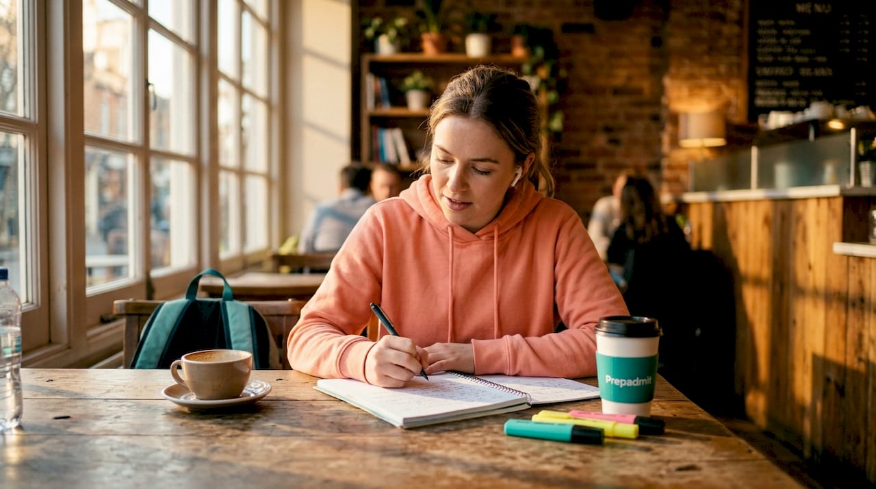 Student passively rereading notes in café
