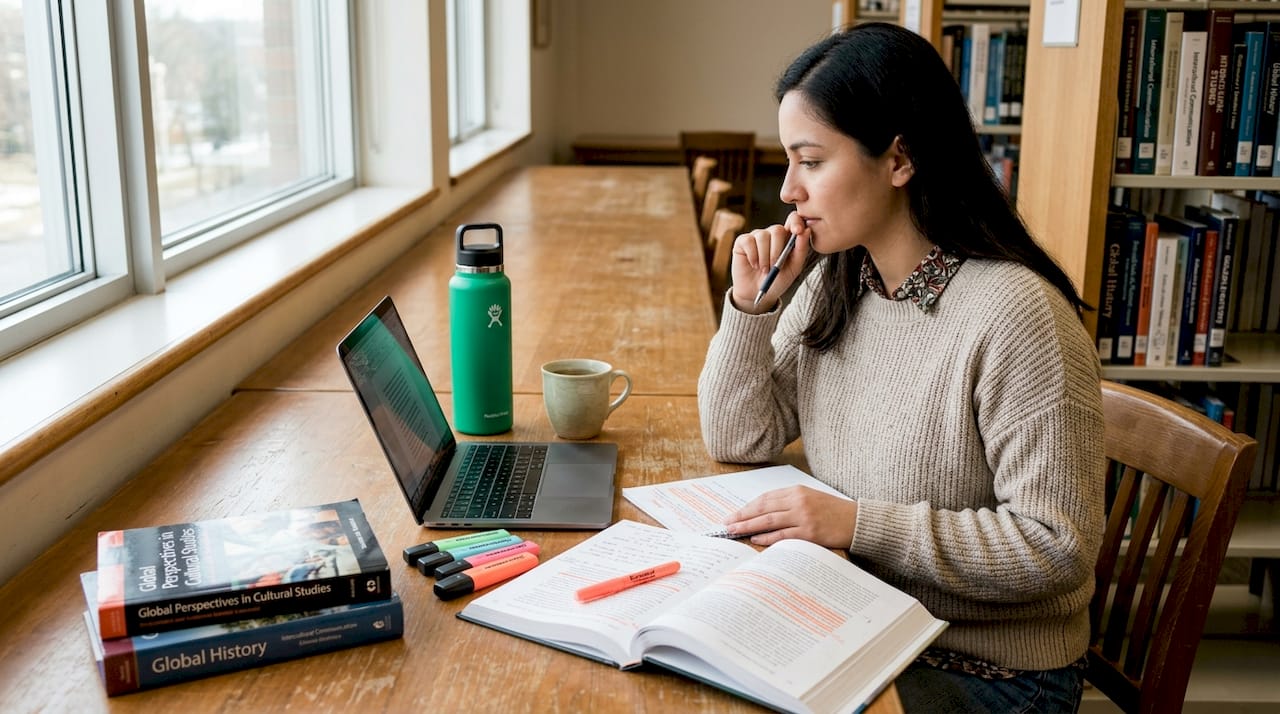 Student contemplating cultural intelligence in library