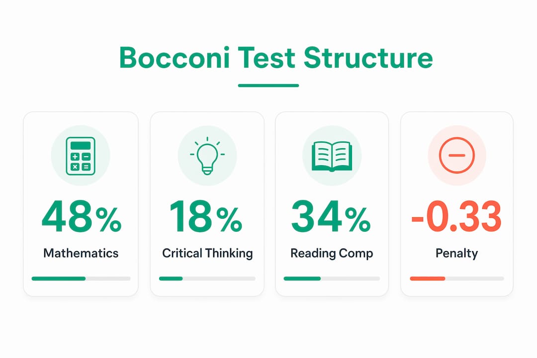 Infographic showing Bocconi Test scoring distribution and penalties