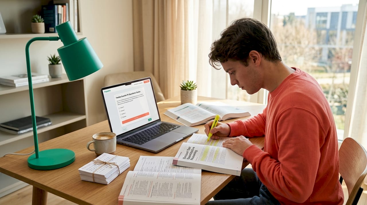 Student studying at desk with Bocconi Test materials
