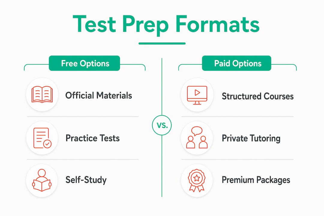 Infographic comparing free and paid test prep formats