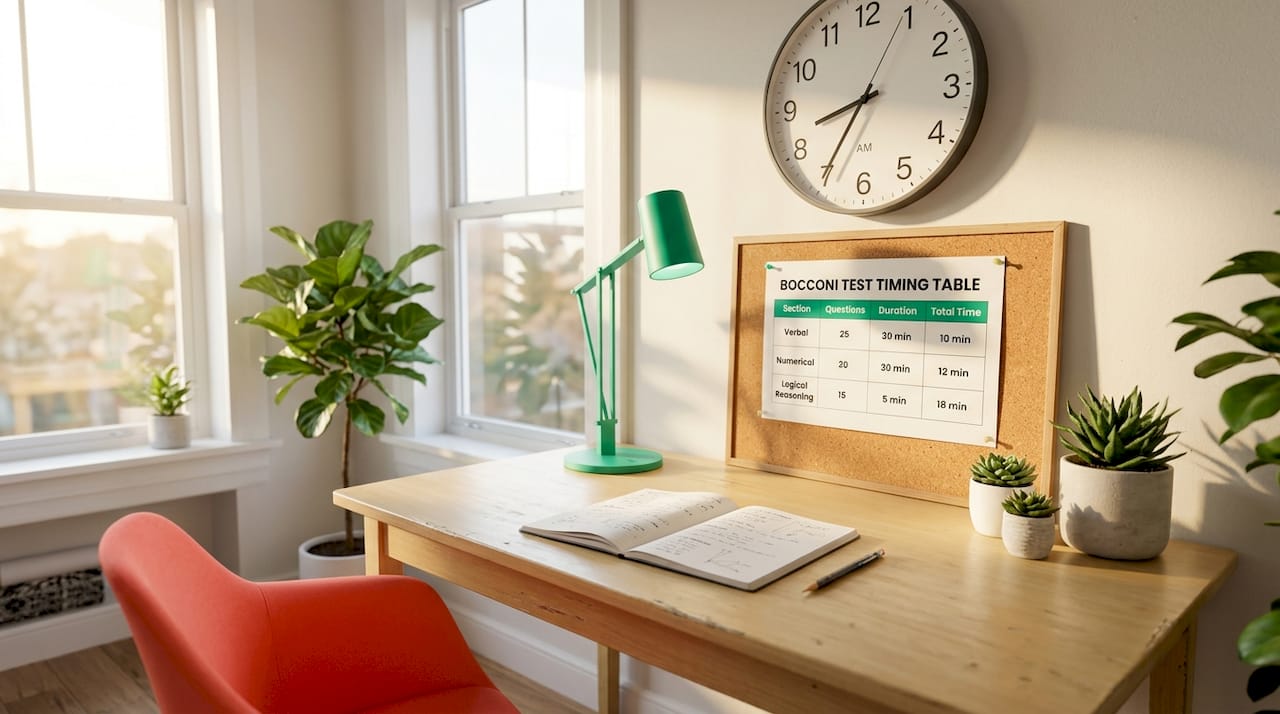 Desk setup with timing table and clock