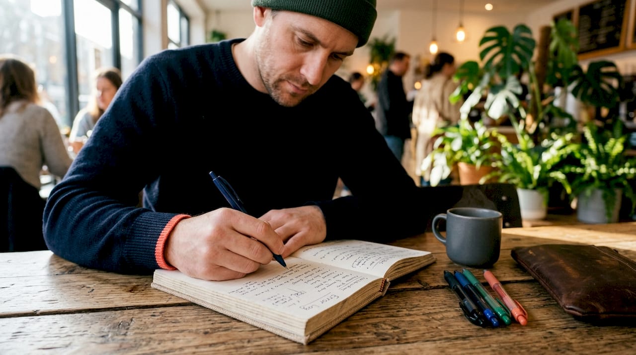 Hands writing error log in study notebook