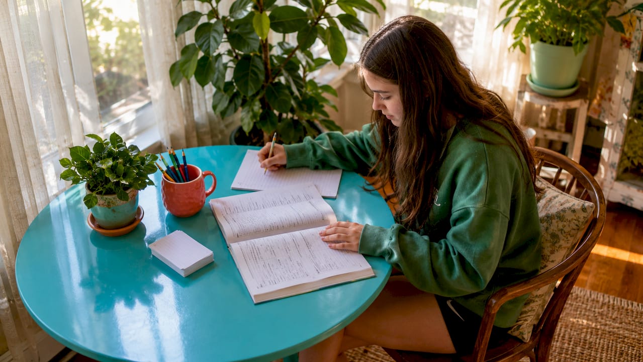 Student studying at desk for admission test