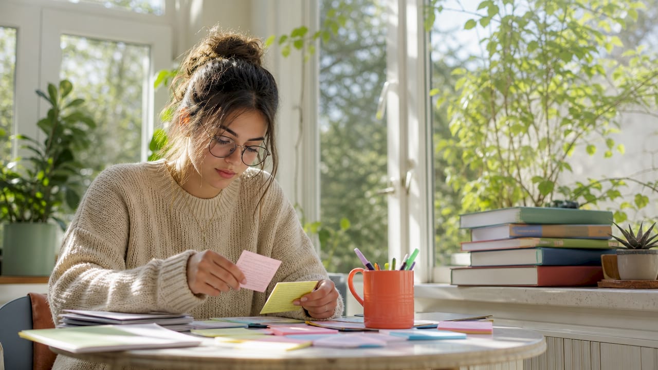 Student organizing study notes and topic cards