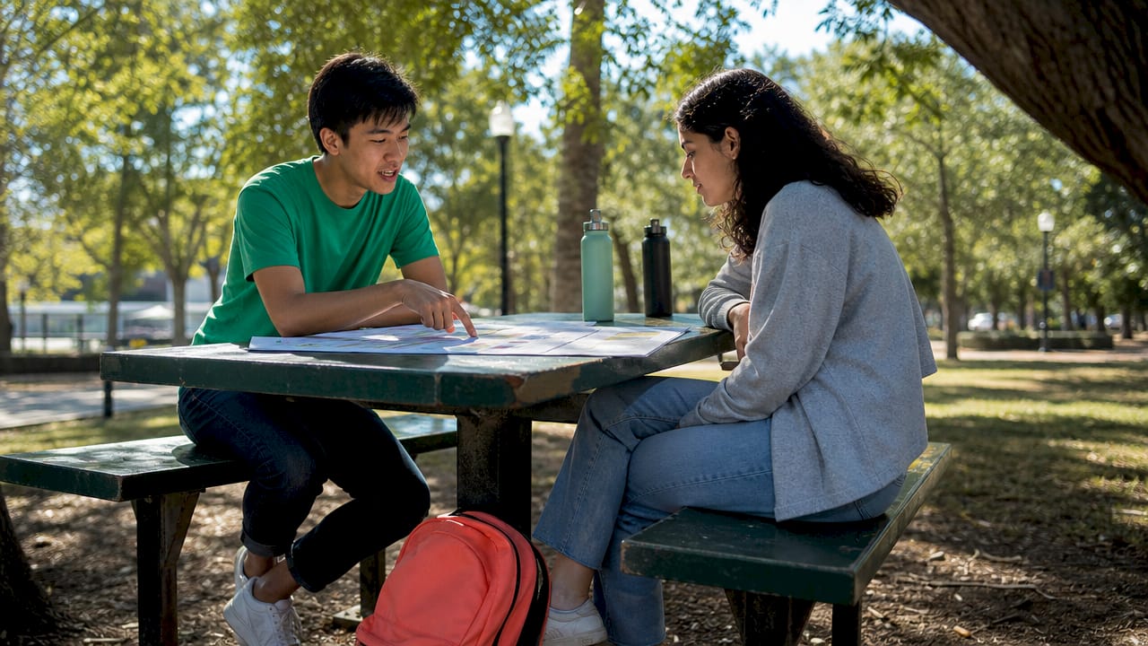 Two students discussing Bocconi Test scores in café
