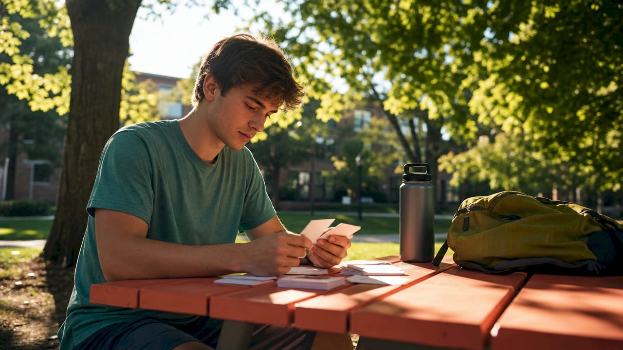Student actively recalling with flashcards outdoors