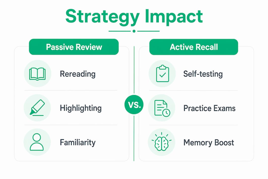 Infographic comparing passive review and active recall strategies