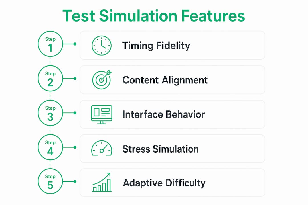 Infographic showing five key features of test simulation