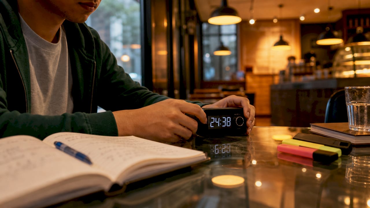 Hands adjusting digital timer during exam practice