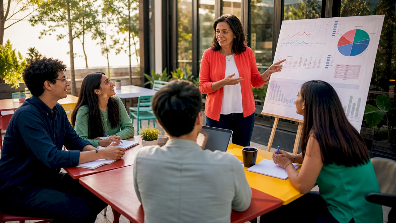 Graduate students engaging in finance class discussion