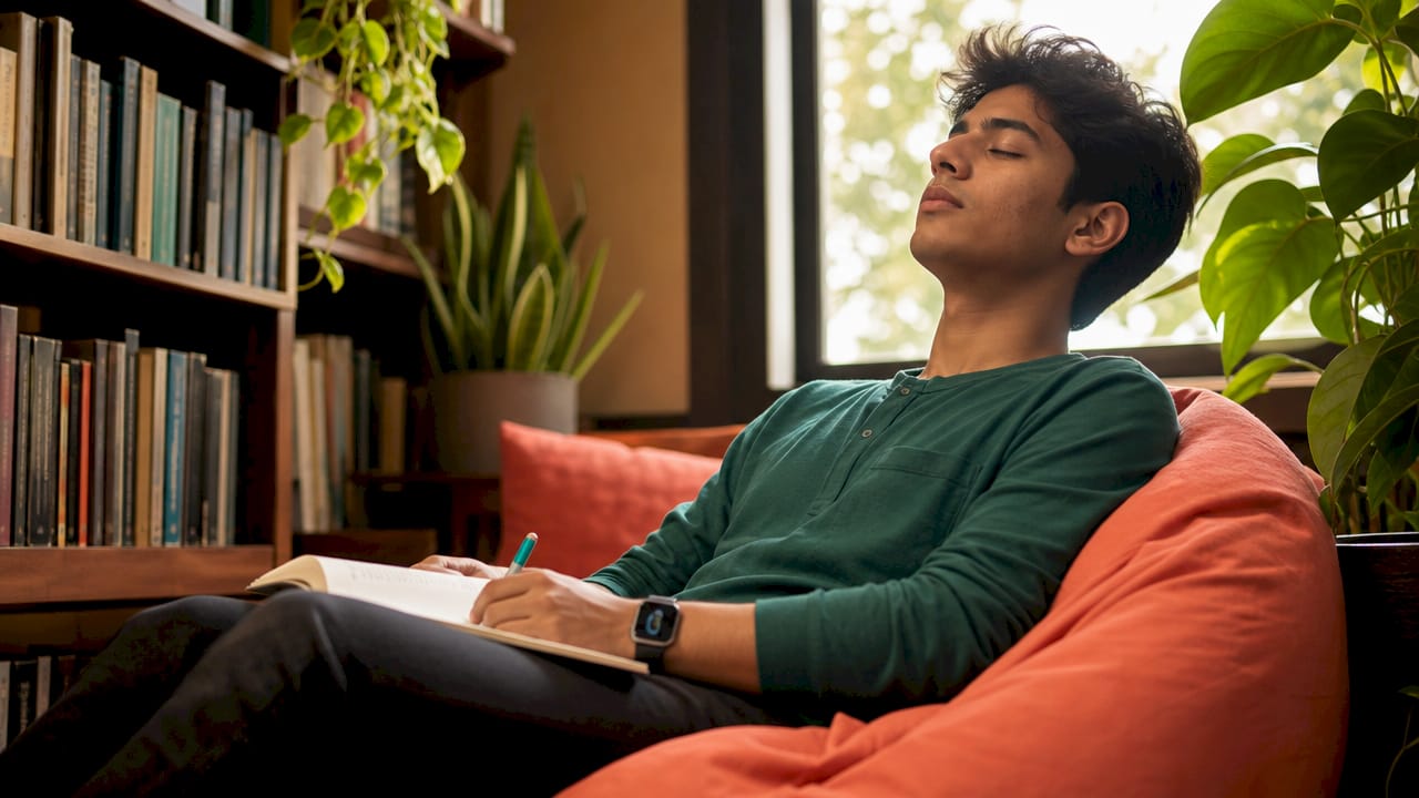 Student calmly practicing stress relief after studying