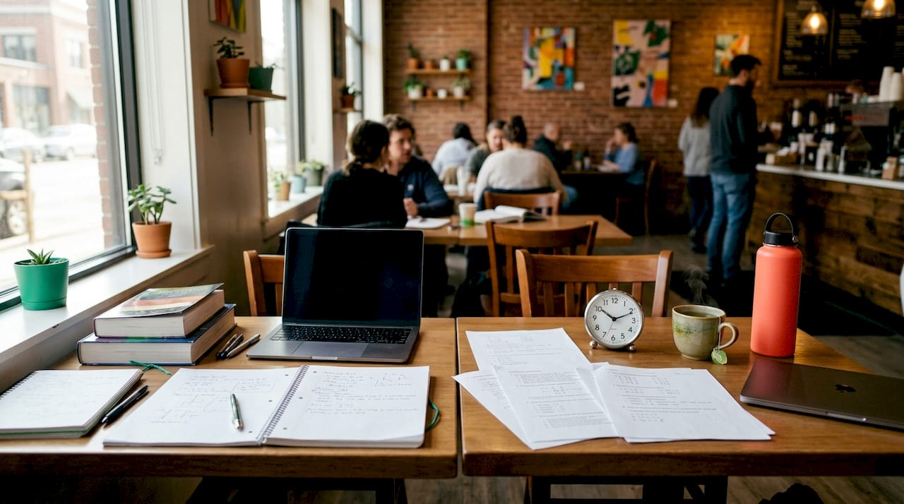 Overhead view of timed versus untimed study desks