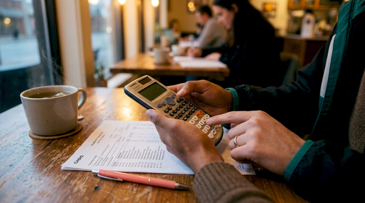 Hands calculating GPA with transcript and calculator