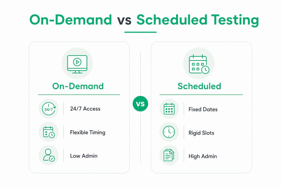 Infographic comparing on-demand and scheduled testing