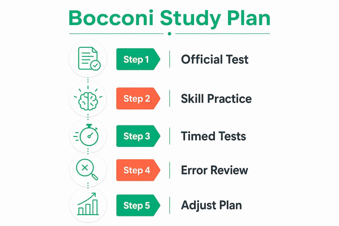 Infographic showing self-study plan steps for Bocconi test