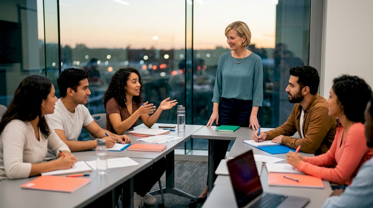 Business school classroom group discussion scene