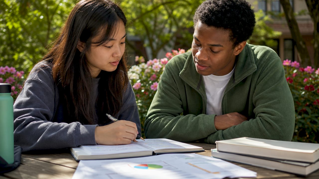 Group of diverse students planning university exam prep