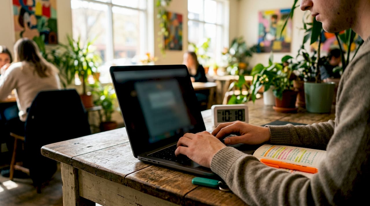 Hands typing on laptop near study clock