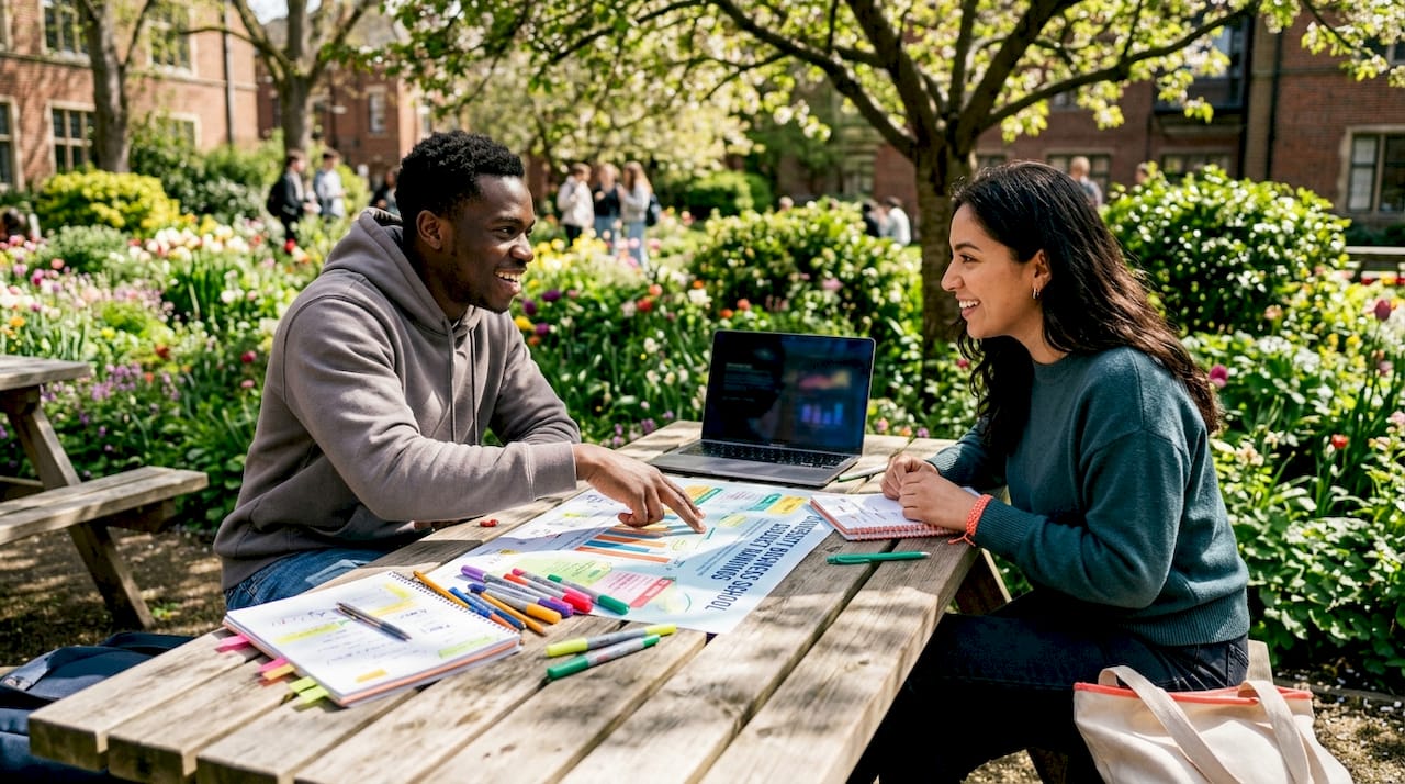 Hands pointing to business school ranking charts