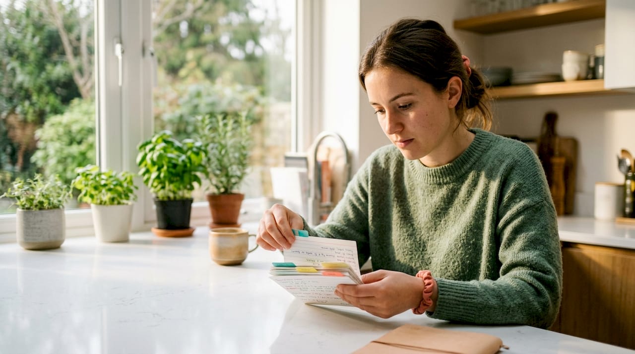 Hands flipping handwritten flashcards on wooden desk