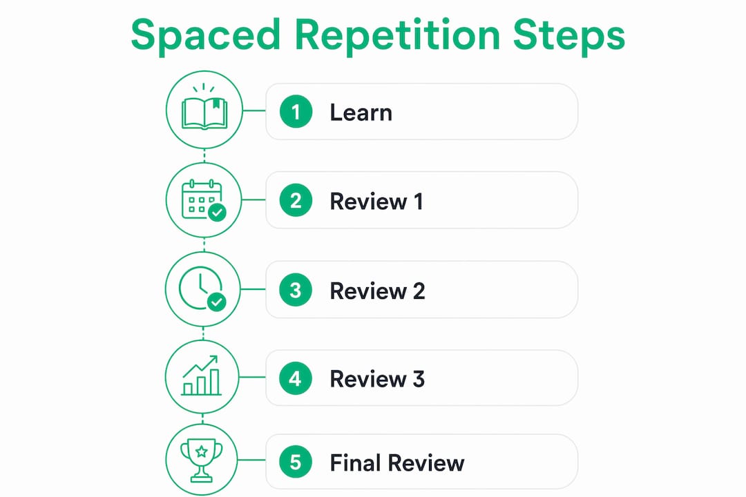 Infographic showing spaced repetition study steps