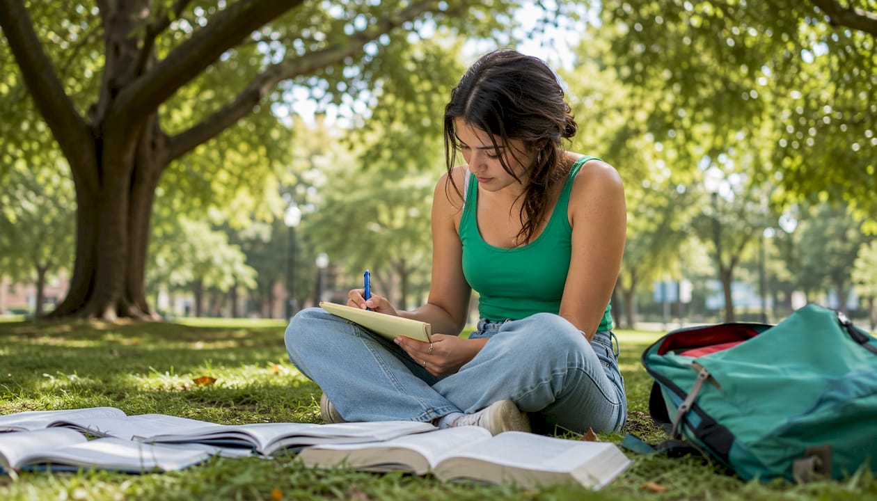 Student actively studying for exams at desk