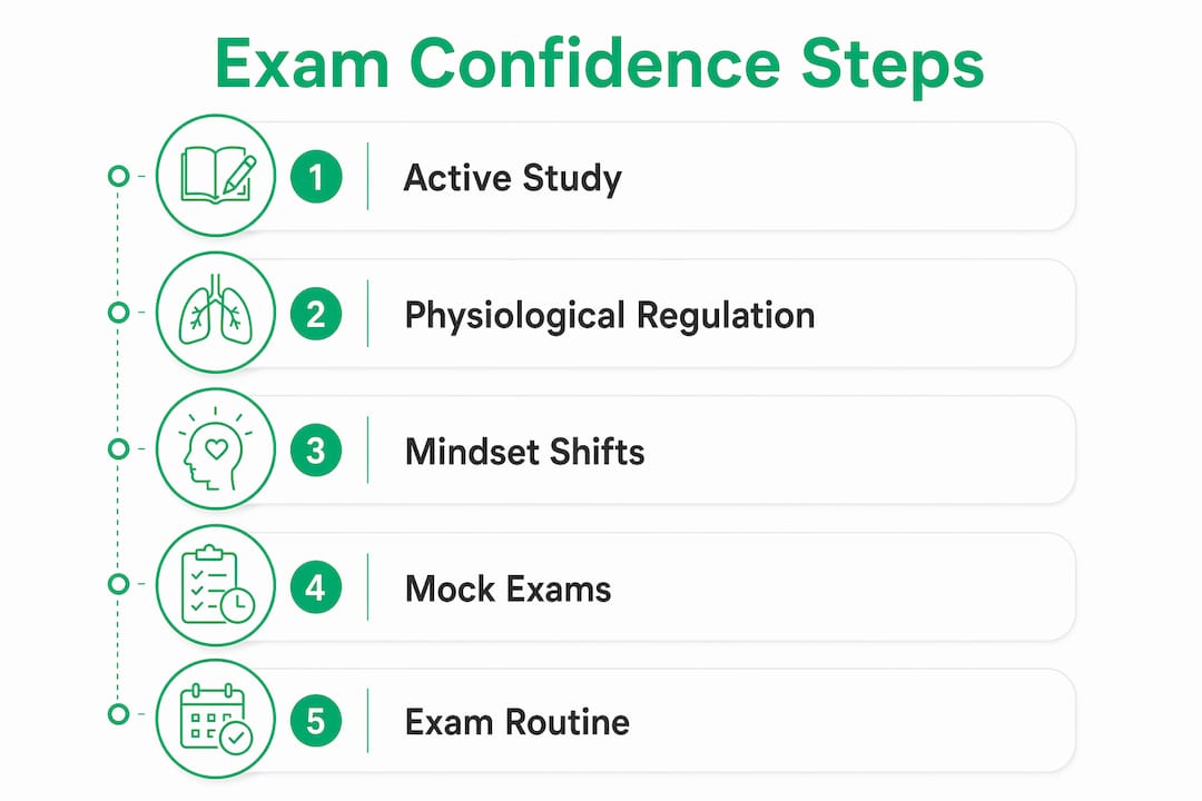 Infographic illustrating five key exam confidence building steps